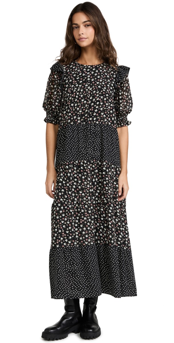 English Factory Floral & Dot Print Maxi Dress Black Multi