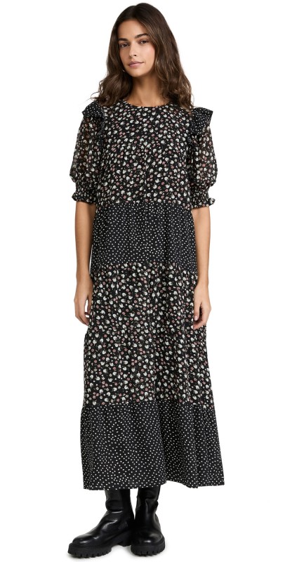 English Factory Floral & Dot Print Maxi Dress Black Multi