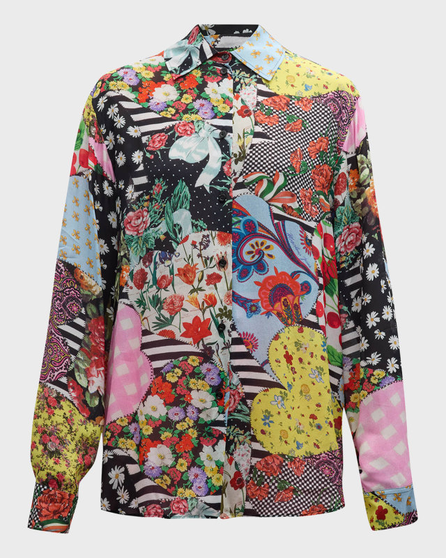 Archive-Print Long-Sleeve Georgette Blouse