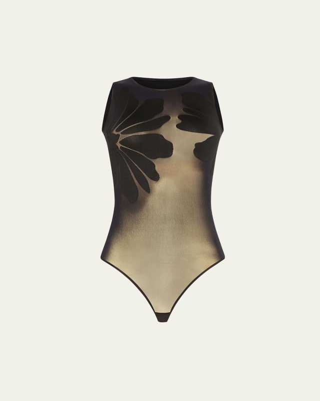 Body Tattoo Floral Motif Thong Bodysuit
