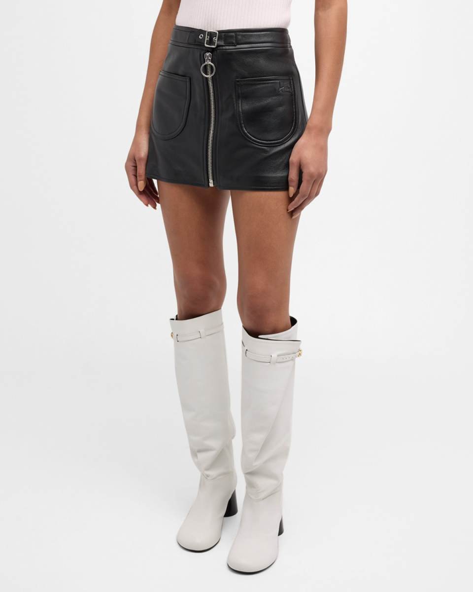 Buckle Zip-Front Leather Mini Skirt