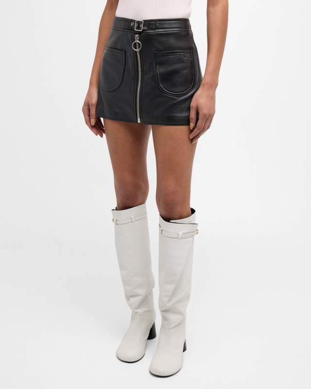Buckle Zip-Front Leather Mini Skirt