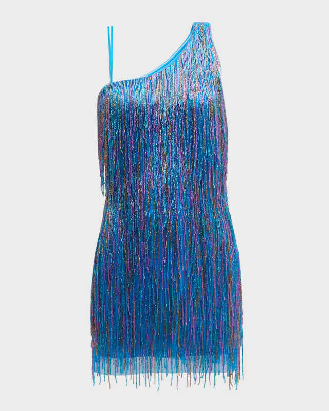 One-Shoulder Beaded Fringe Mini Dress