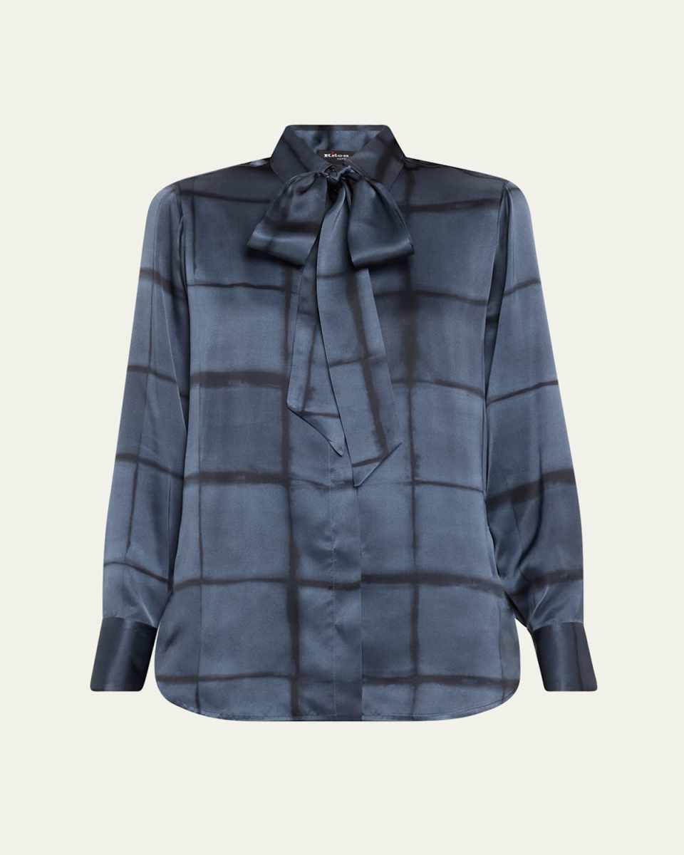 Square Print Neck-Tie Silk Blouse
