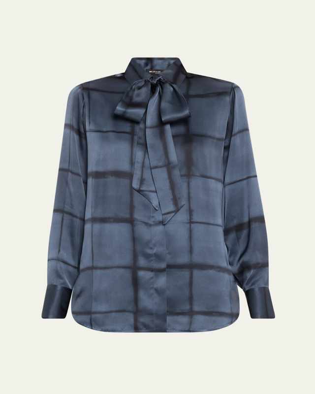 Square Print Neck-Tie Silk Blouse