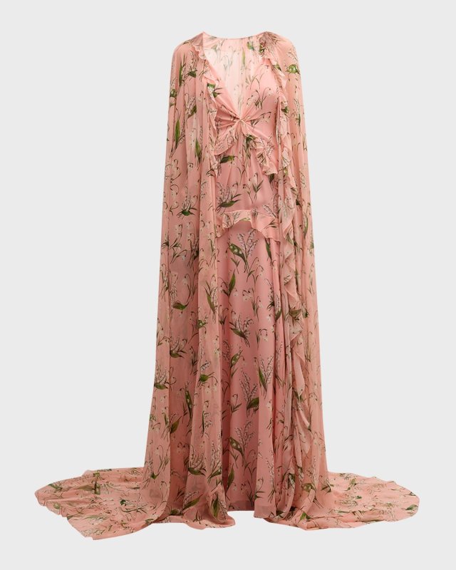 Plunging Floral-Print Ruffle Cape Gown