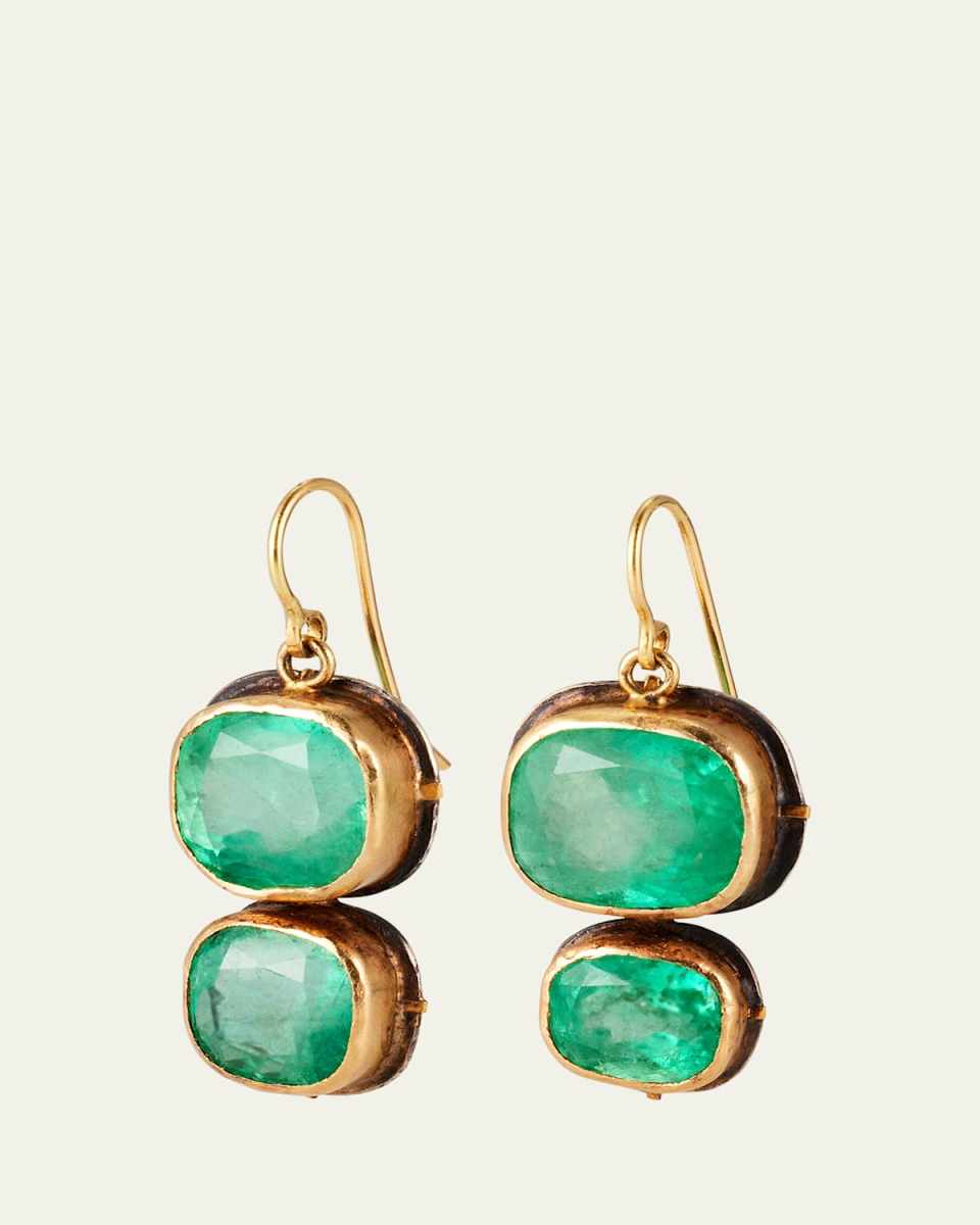 Yellow Gold Cushion Cut Colombian Emerald Double Drop Earrings