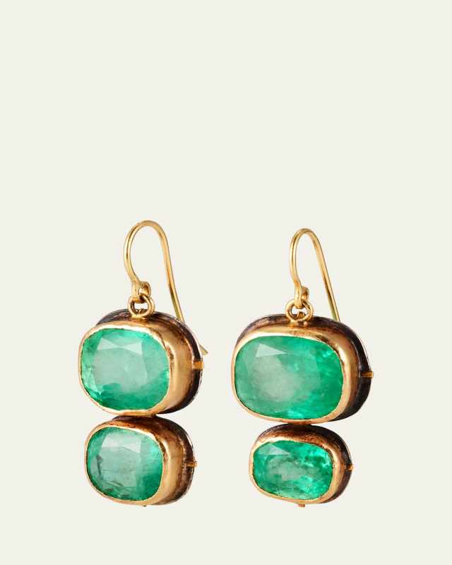Yellow Gold Cushion Cut Colombian Emerald Double Drop Earrings