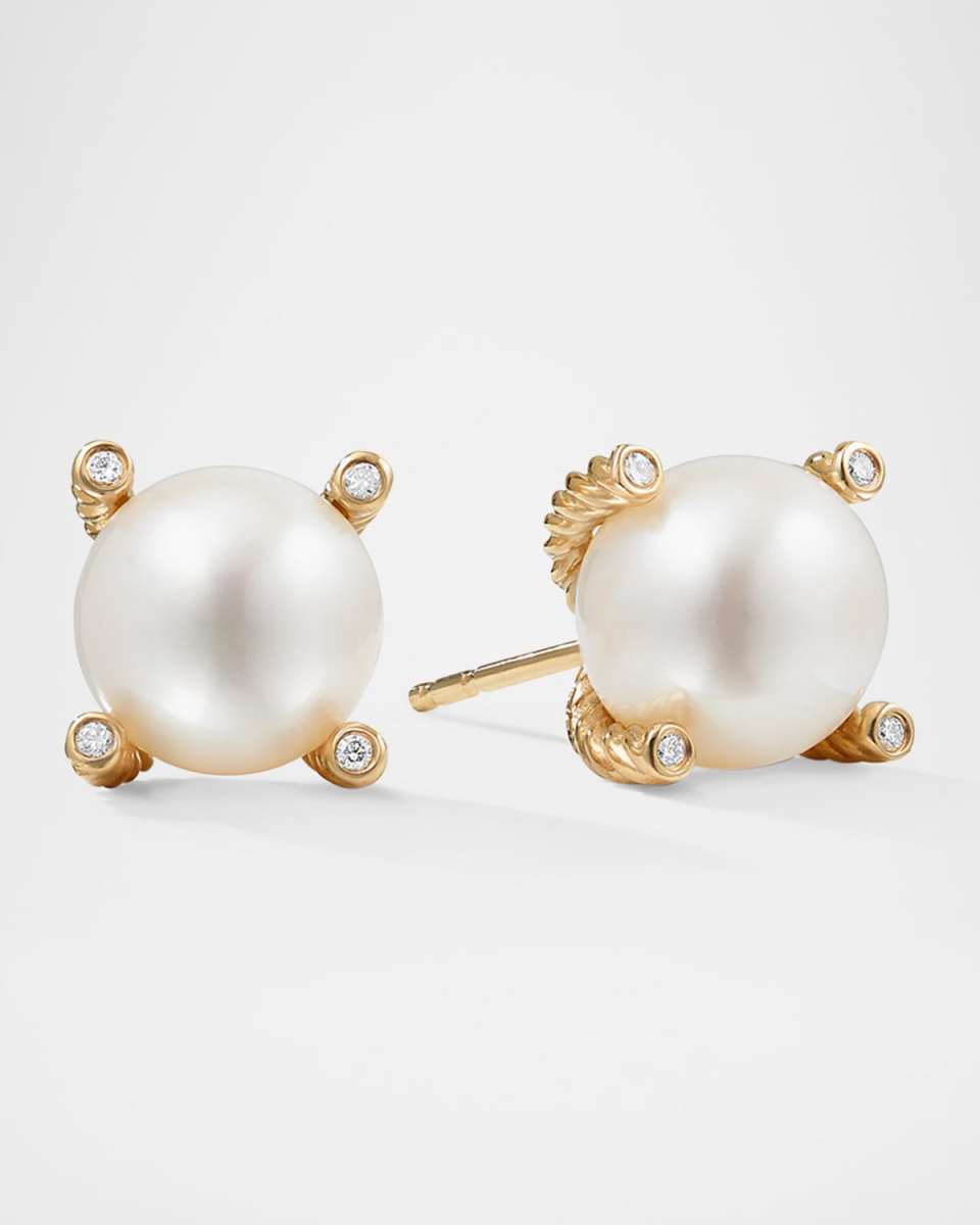 Pearl Stud Earrings with Diamonds in 18K Gold, 14mm