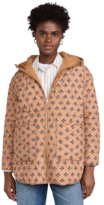 Marea Flower Block Print Quilted Puffer Jacket Camel Marea Flower