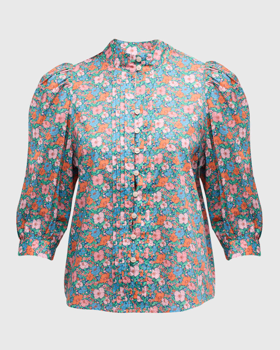Frontier Floral Cotton Short-Sleeve Button-Front Blouse