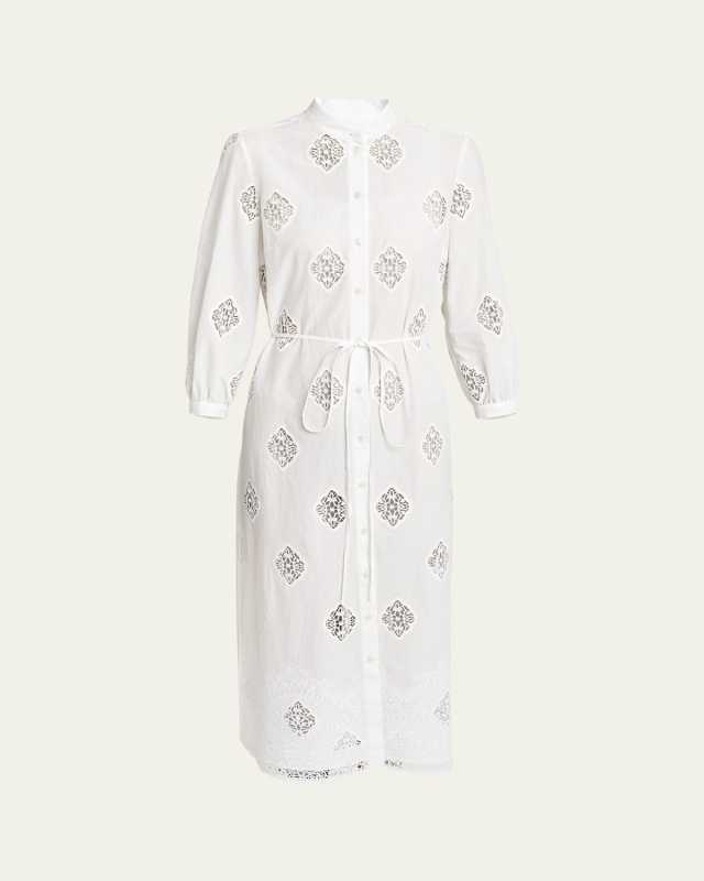 Band-Collar 3/4-Sleeve Belted Cotton Midi Shirtdress