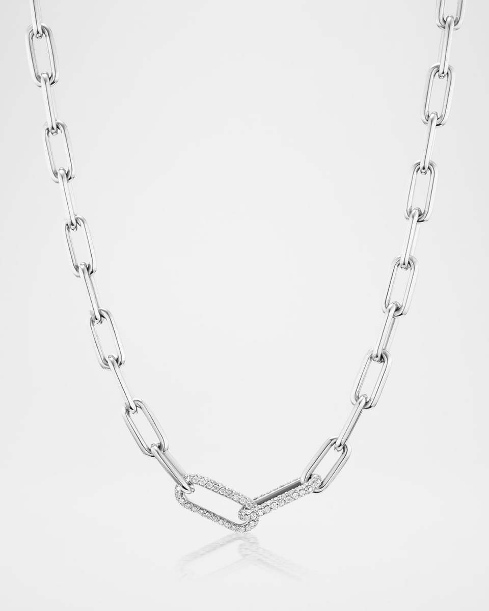 Two Pave Diamond Link Paperclip Chain Necklace