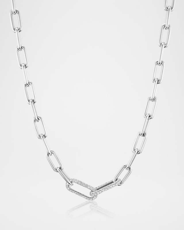Two Pave Diamond Link Paperclip Chain Necklace