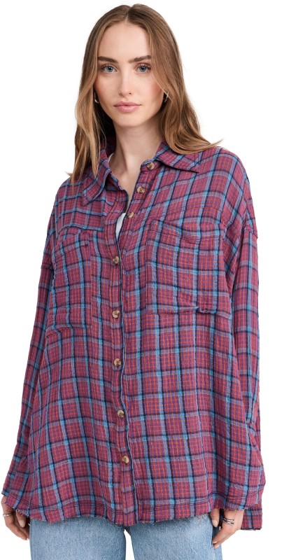 Free People Cardiff Plaid Top Purple Combo
