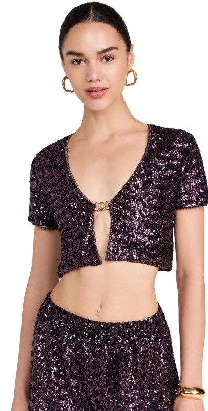 Oseree Paillettes Crop Shirt Plum