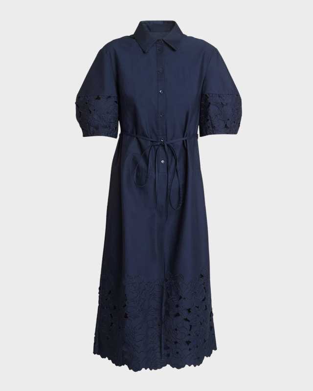 Floral Embroidered Cutout Puff-Sleeve Midi Shirtdress
