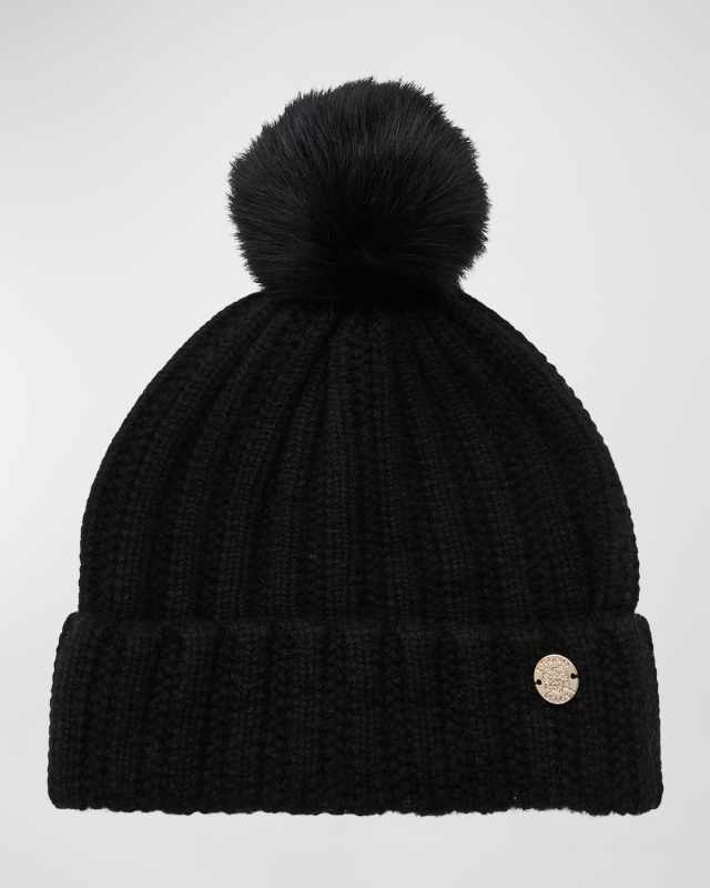 Ladder Stitch Cashmere Beanie With Pom