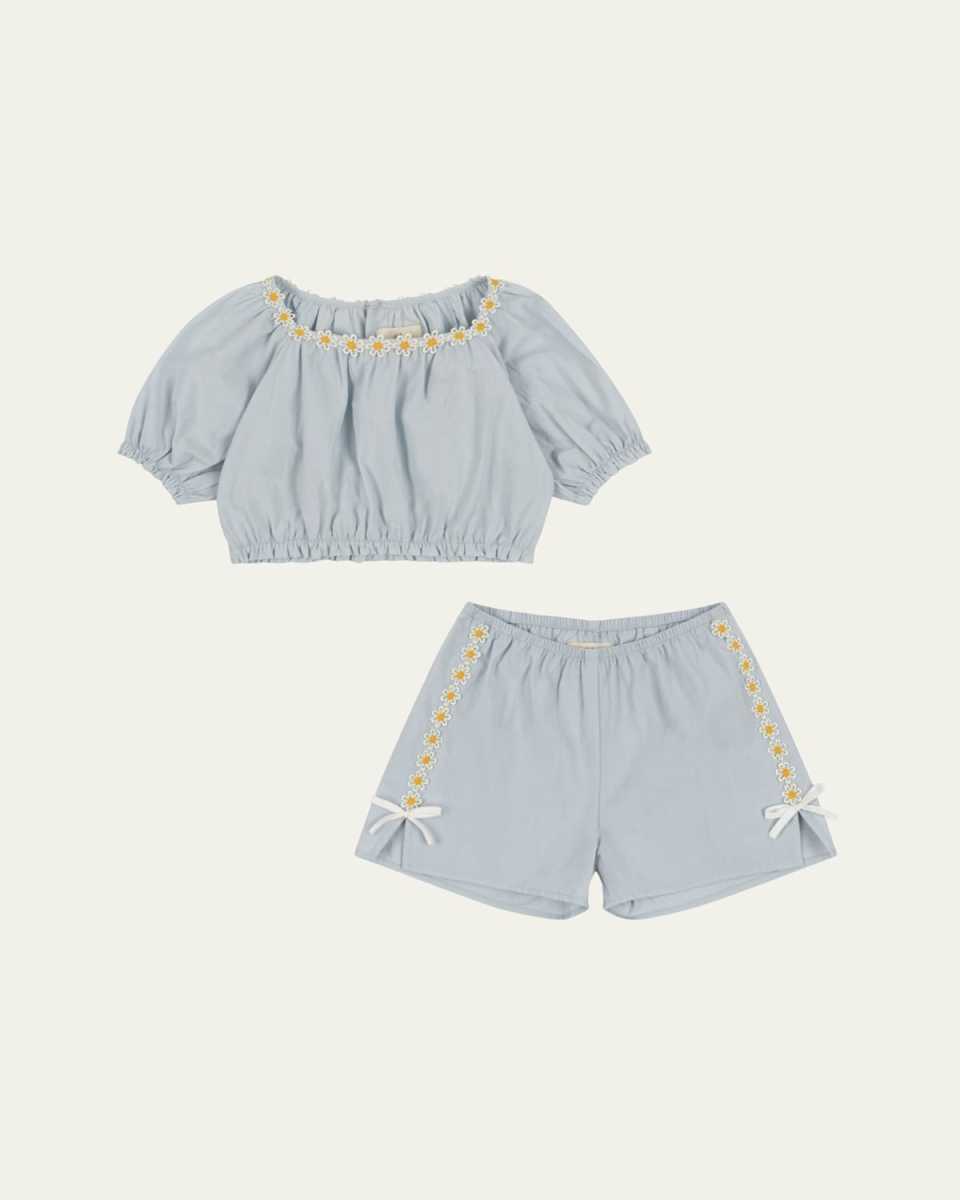 Girl's Embroidered Daisy Organic Cotton Top and Shorts Set, Size 2-4