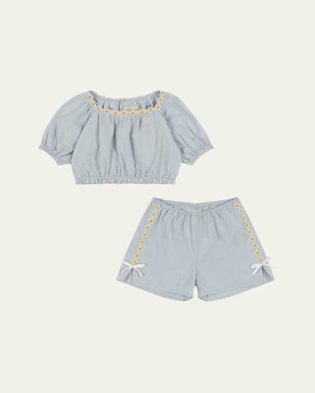 Girl's Embroidered Daisy Organic Cotton Top and Shorts Set, Size 2-4