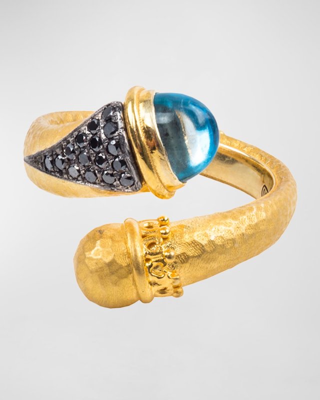 18k Swiss Blue Topaz Bypass Ring w/ Black Diamonds, Size