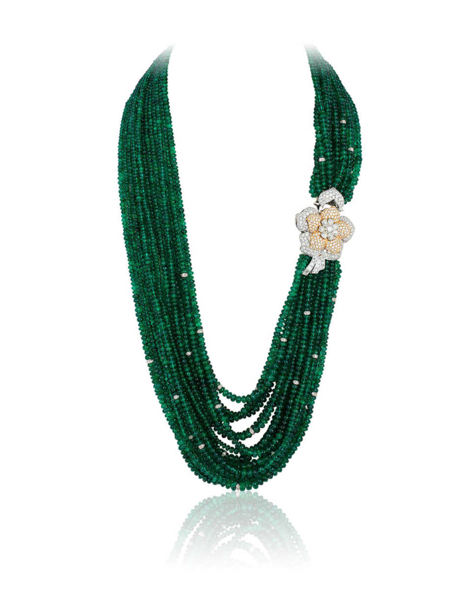 18K Emerald Necklace with Diamond Pave Flower
