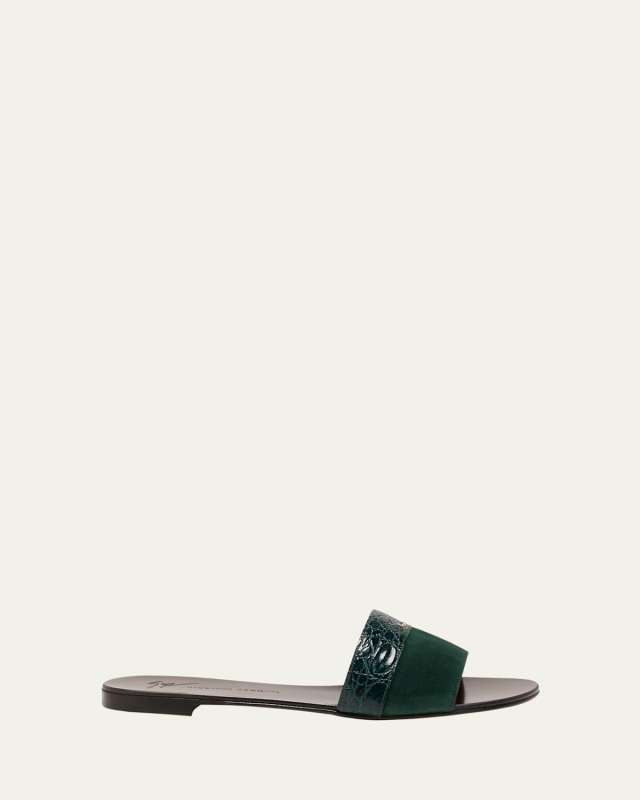 Mixed Leather Flat Slide Sandals