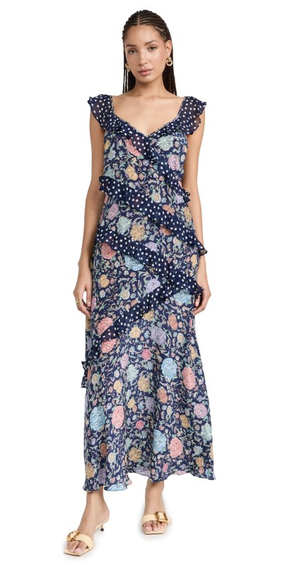 RIXO Gail Dress Camellia Garden Navy Mix