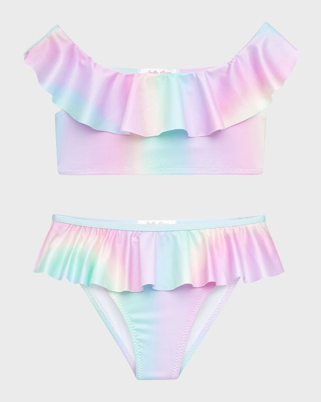 Girl's Rainbow Pastel Ruffle Two-Piece Bikini Set, Size 4-1