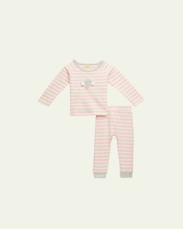 Girl's Estelle Crotched Elephant Striped Two-Piece Pajamas, Size 6M-36M