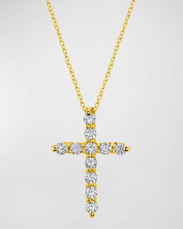 18K Gold 11-Stone Shared Prong Round Diamond Cross 16" Necklace, 1.50tcw