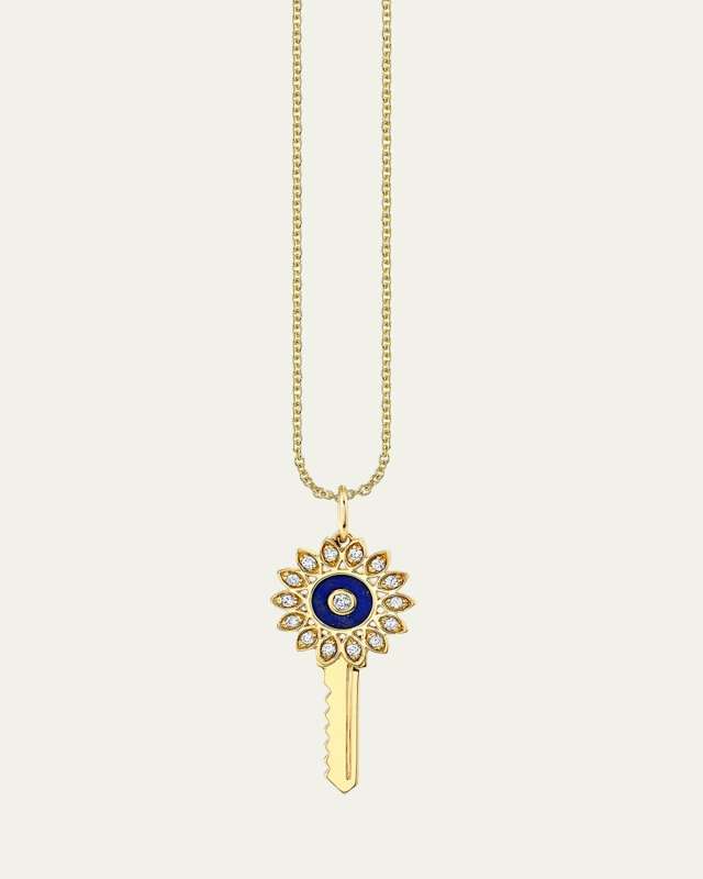 14K Yellow Gold Lapis Stone Inlay Key Charm with Diamonds