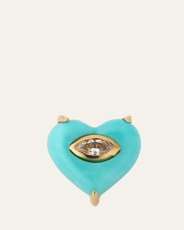 14K Yellow Gold Marquis Diamond and Turquoise Heart Earring, Single