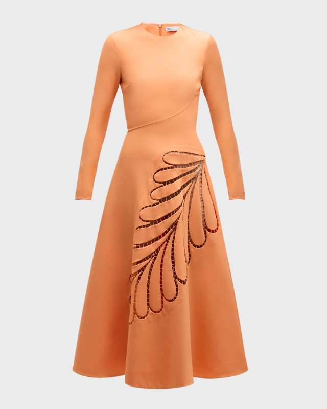 Fern-Inset Long-Sleeve Crepe Midi Dress