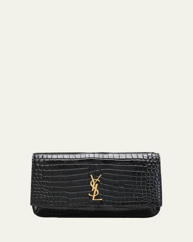 YSL Croc-Embossed Phone Holder Shoulder Bag