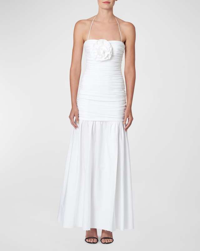Halter Gathered Bodice Drop Waist Midi Dress with Floral Applique