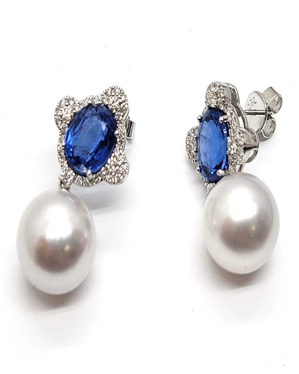 18K White Gold Pearl and Kyanite Earrings with Diamonds