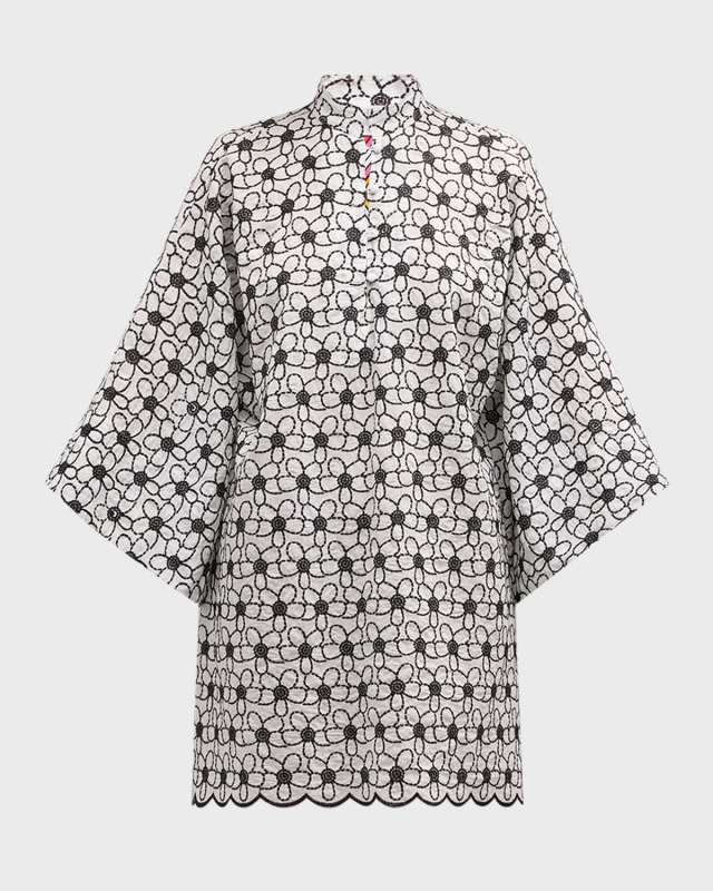 Floral-Embroidered Cotton Mini Caftan