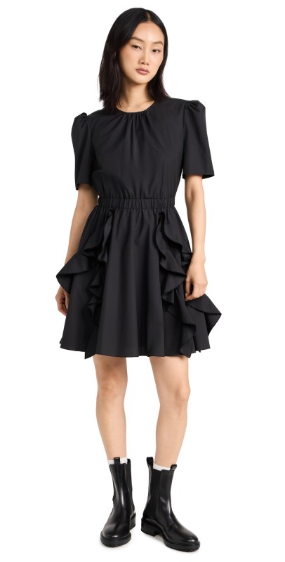 Jason Wu Short Sleeve Cotton Crew Neck Dress with Ruffle Skirt Black