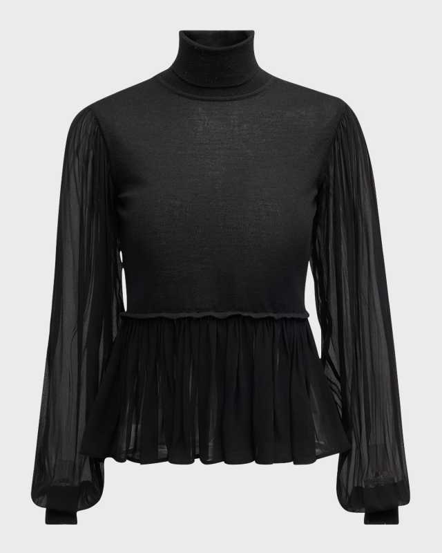 Liana Sheer-Sleeve Wool and Silk Combo Turtleneck Top