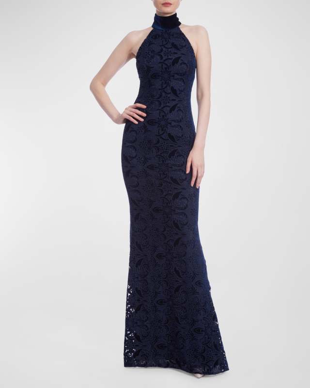 Sleeveless Floral Velvet Lace Halter Gown
