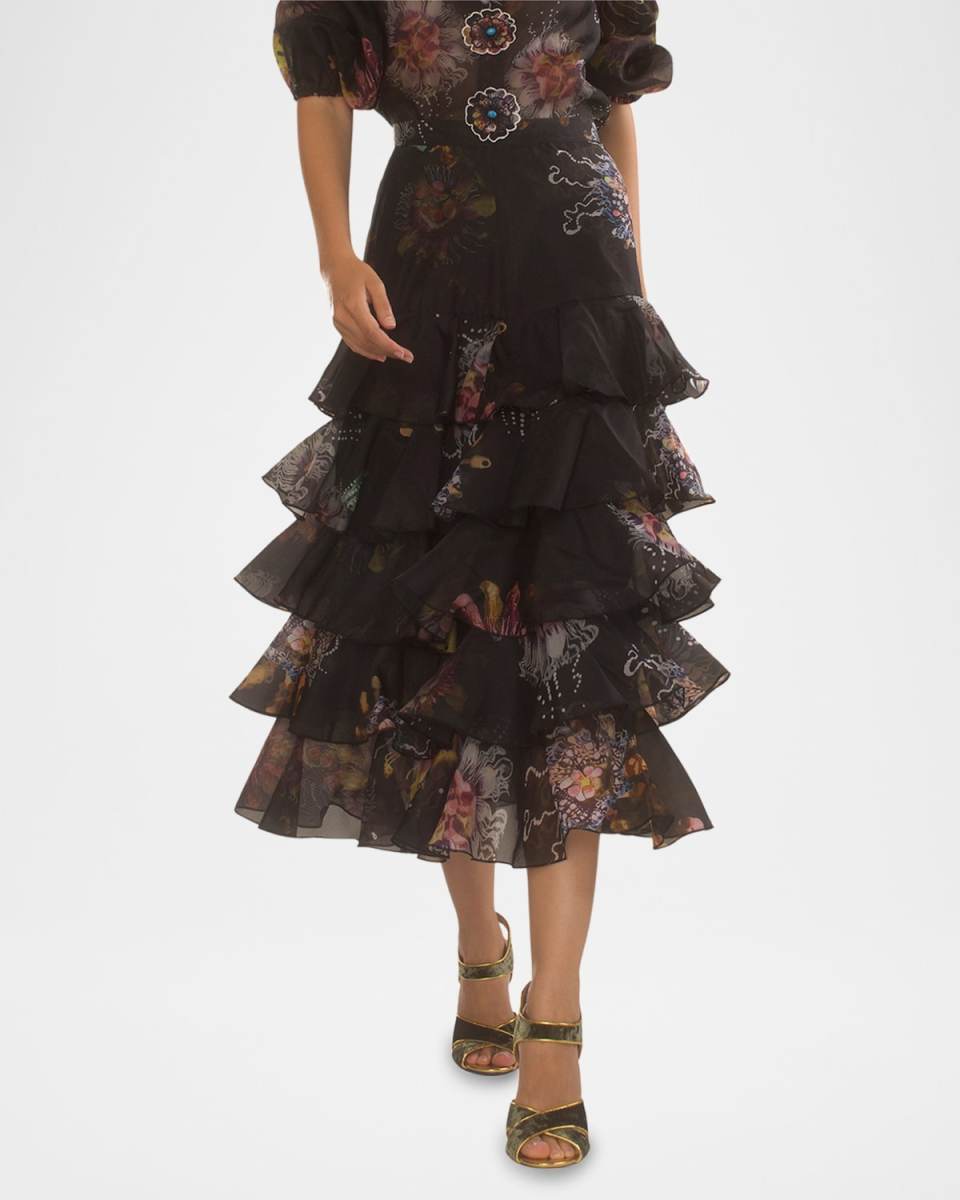 Ruffle Floral-Print Organza Midi Skirt