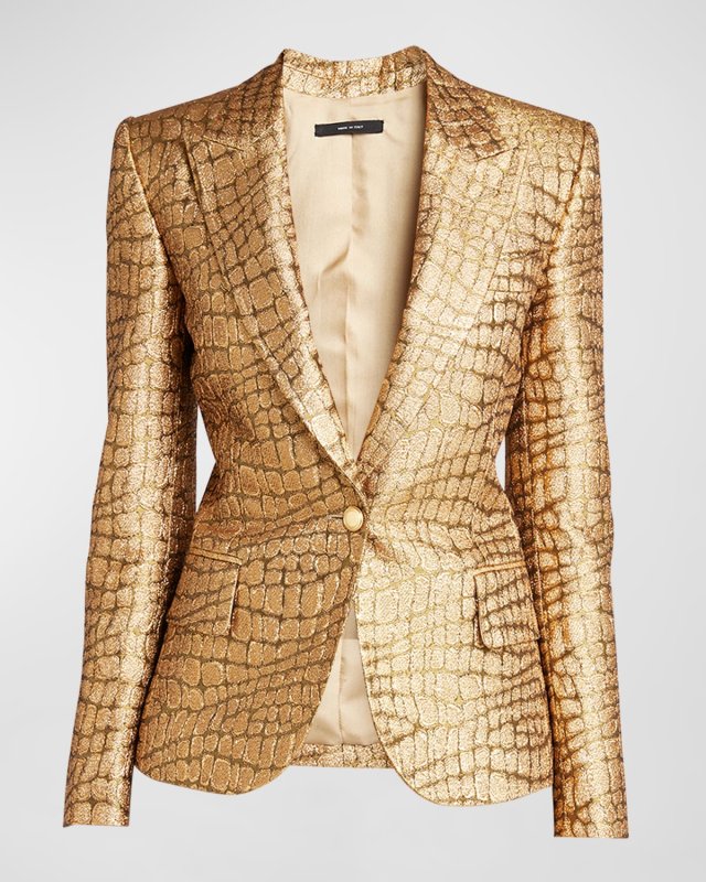 Metallic Croc-Jacquard Single-Breasted Blazer Jacket