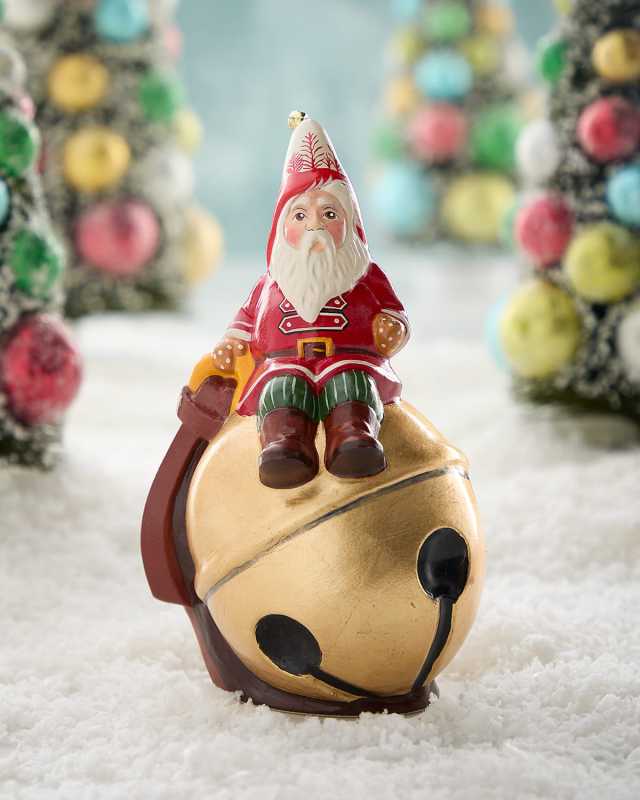 Forest Red Santa on Gold Bell Figurine