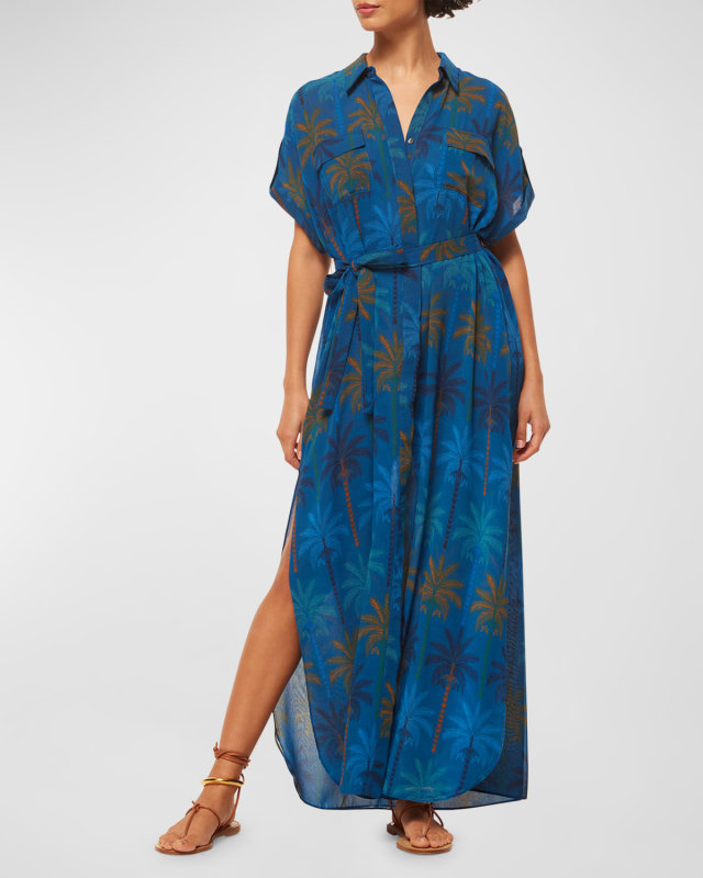 Lou Belted Palm-Print Chiffon Maxi Shirtdress