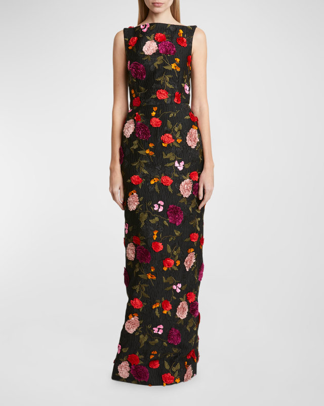 Floral Embroidered Long Sleeveless Column Gown