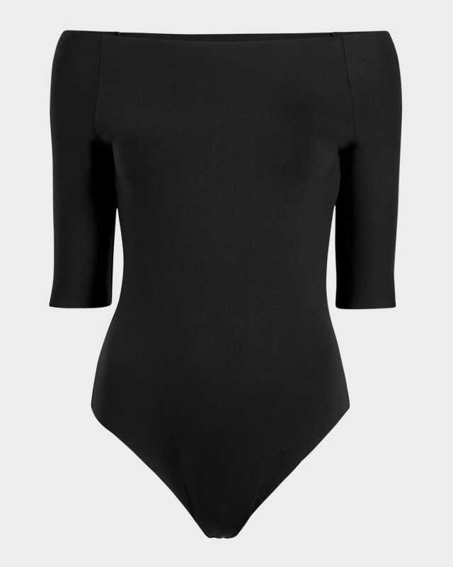 Boat-Neck Neoprene Thong Bodysuit