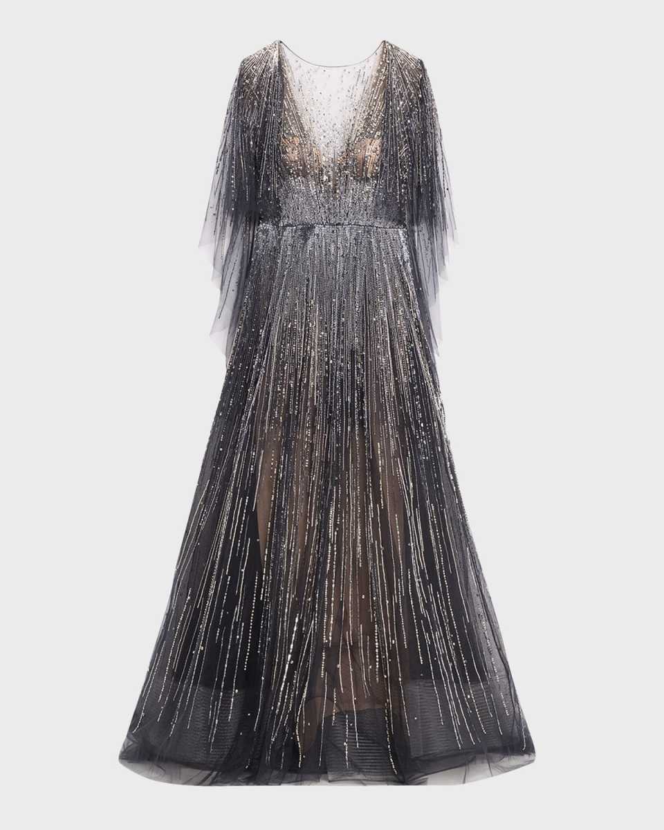 Fully-Embroidered Gown with Cape Sleeves