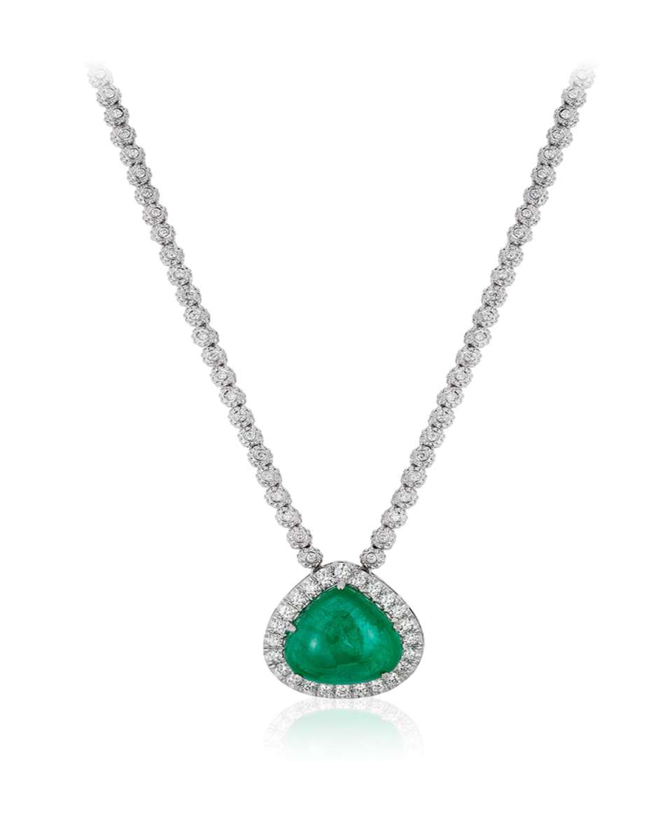 18K White Gold Emerald Drop and Diamond Necklace