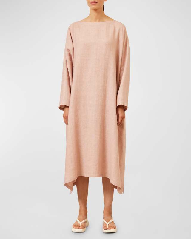 Wide A-Line Scoop-Neck Linen Midi Dress
